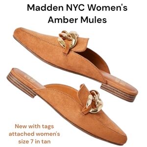 Madden NYC Women's Amber Mules tan slip-on low heeled shoe's  gold chain NWT 7